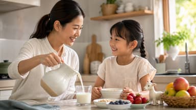 A mother pouring milk from a jug into a glass for her young daughter at a kitchen counter, with cereal and fruit laid out