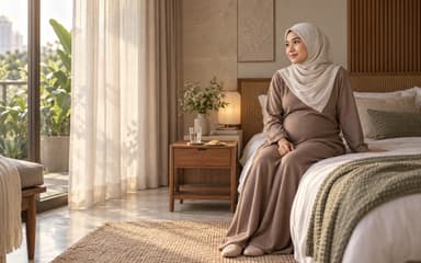 A pregnant woman sitting on the edge of a bed in morning light, a glass of water and biscuits on the nightstand