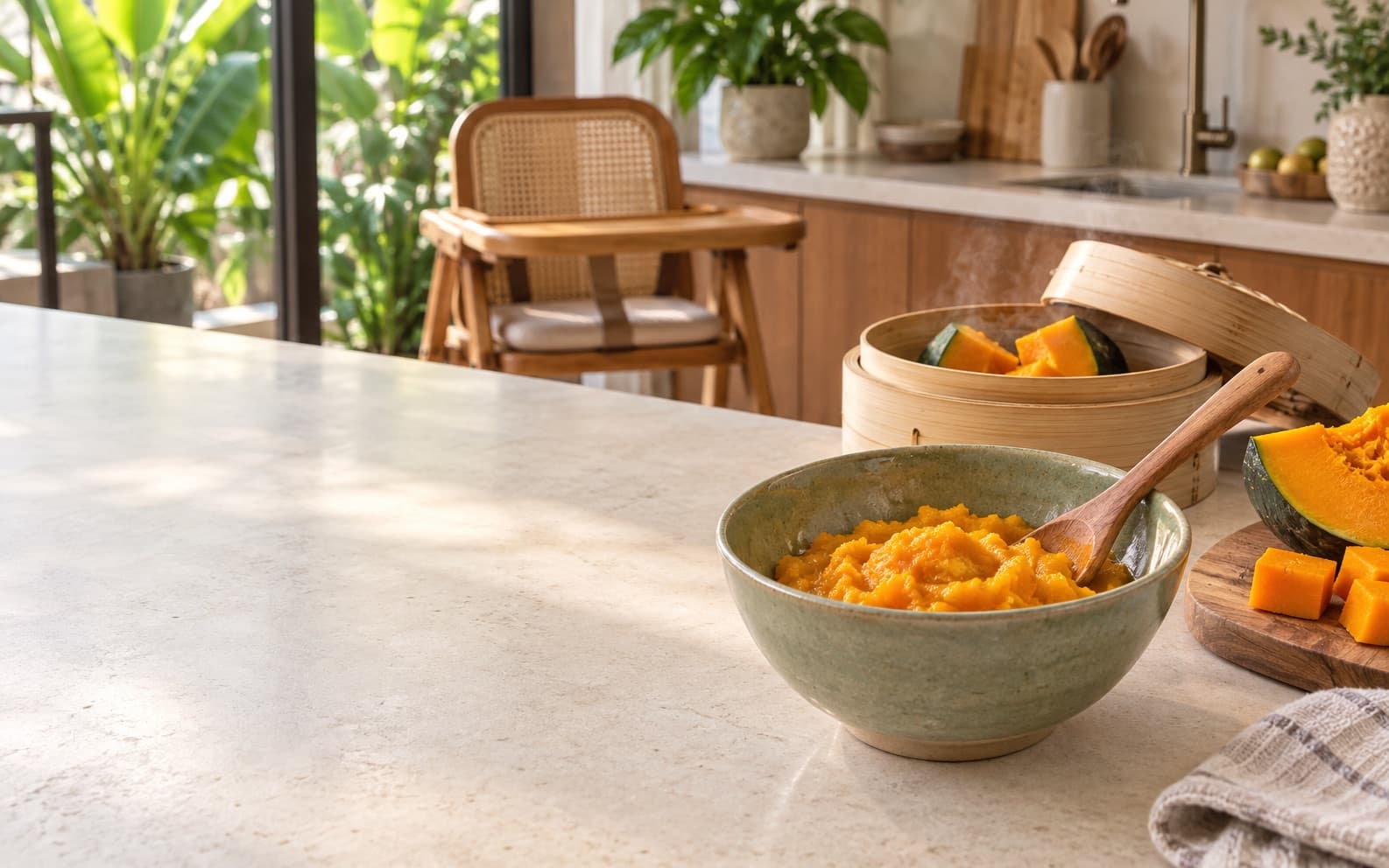 A bowl of pumpkin puree beside a bamboo steamer and a high chair