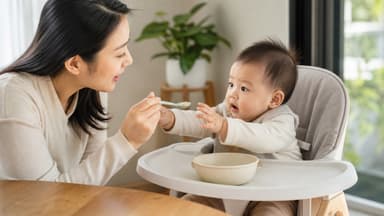 A mother offering a spoonful of purée to a baby sitting upright in a high chair, reaching for the spoon