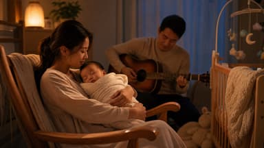 A mother in a rocking chair holding a swaddled baby asleep against her chest in lamplight, the father playing guitar beside a cot