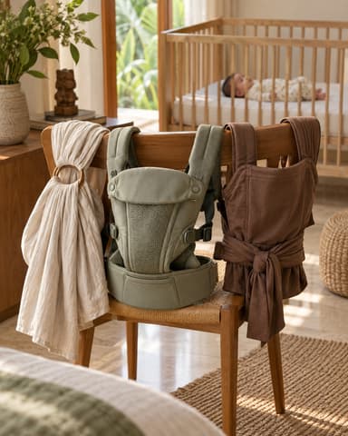 A ring sling, a structured carrier and a wrap over a chair beside a cot