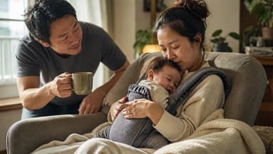 An exhausted mother resting in an armchair with her baby asleep against her chest while her partner brings her a mug of tea