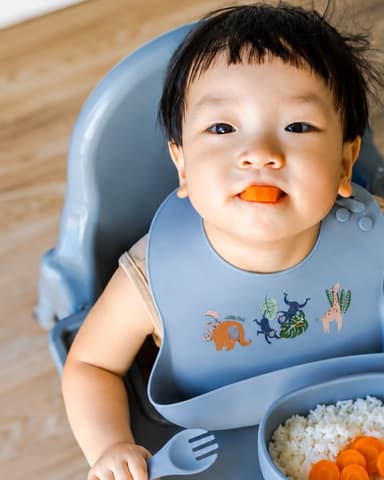 A toddler in a bib grinning in a high chair with rice and carrot on the tray