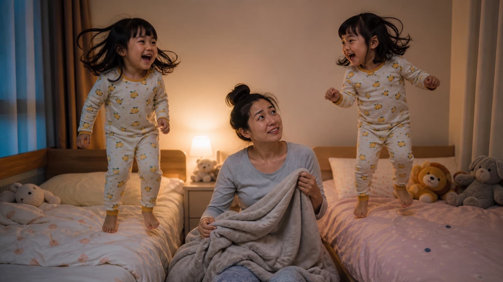 Two toddlers in matching pyjamas bouncing on their beds at bedtime while their mother sits between them holding a blanket, looking worn out
