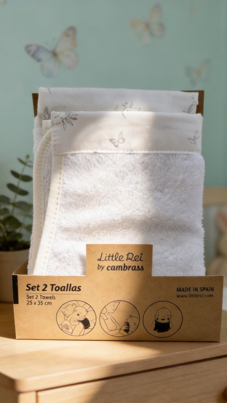 A boxed Little Rei towel set on a nursery shelf against butterfly wallpaper