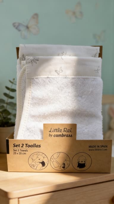 A boxed Little Rei towel set on a nursery shelf against butterfly wallpaper