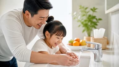 A father helping his young daughter wash her hands under a running tap at a bathroom sink