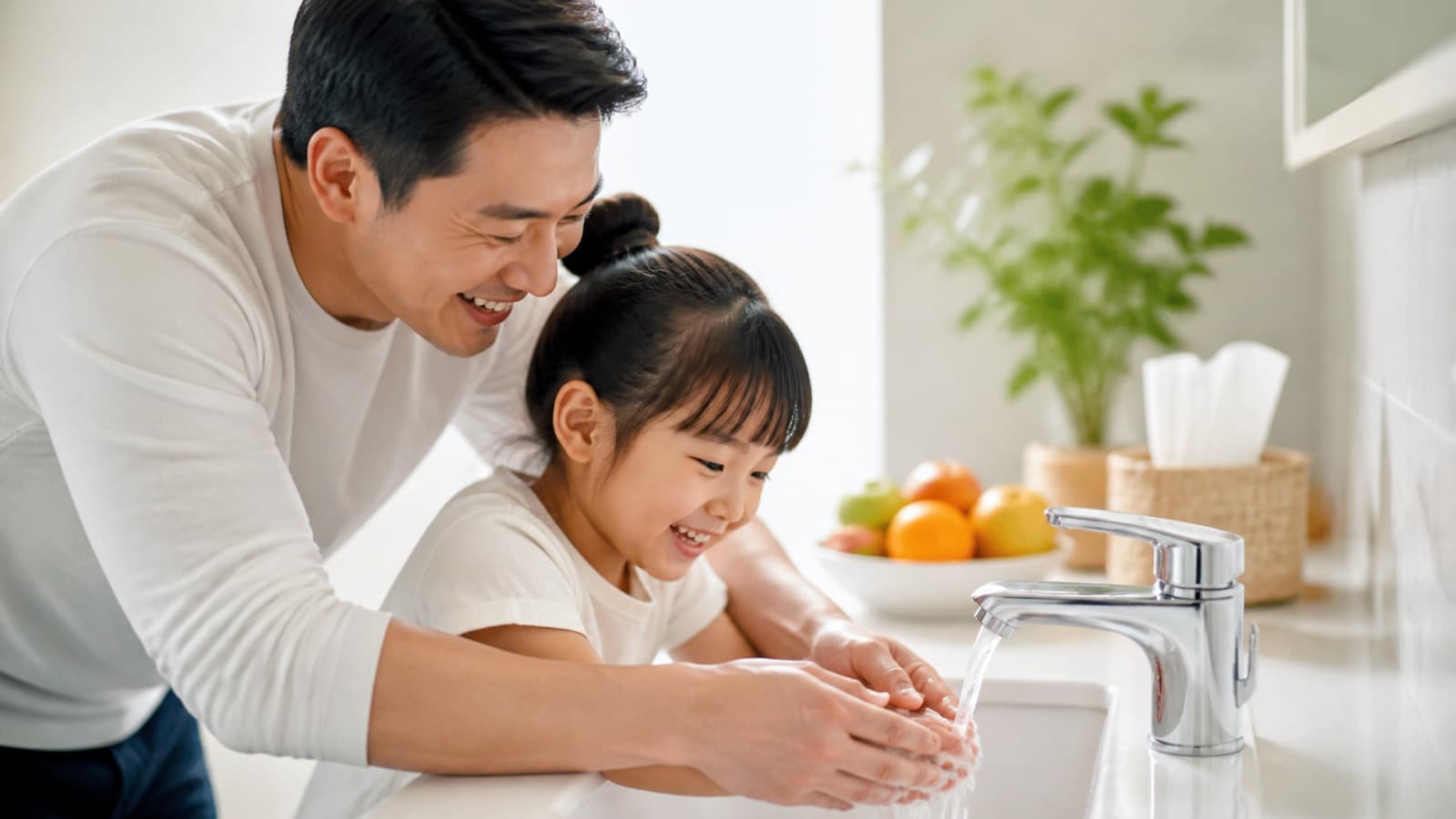 A father helping his young daughter wash her hands under a running tap at a bathroom sink