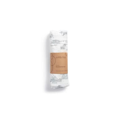 A rolled bamboo muslin swaddle printed with dusty pink kampong houses