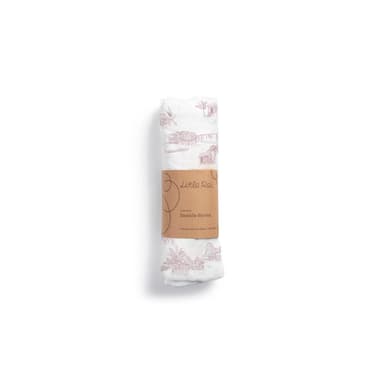 A single bamboo muslin swaddle rolled in a kraft band, printed with dusty pink kampong houses