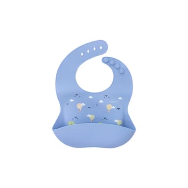 A pale blue silicone baby bib with a crumb-catching pocket, printed with hot-air balloons