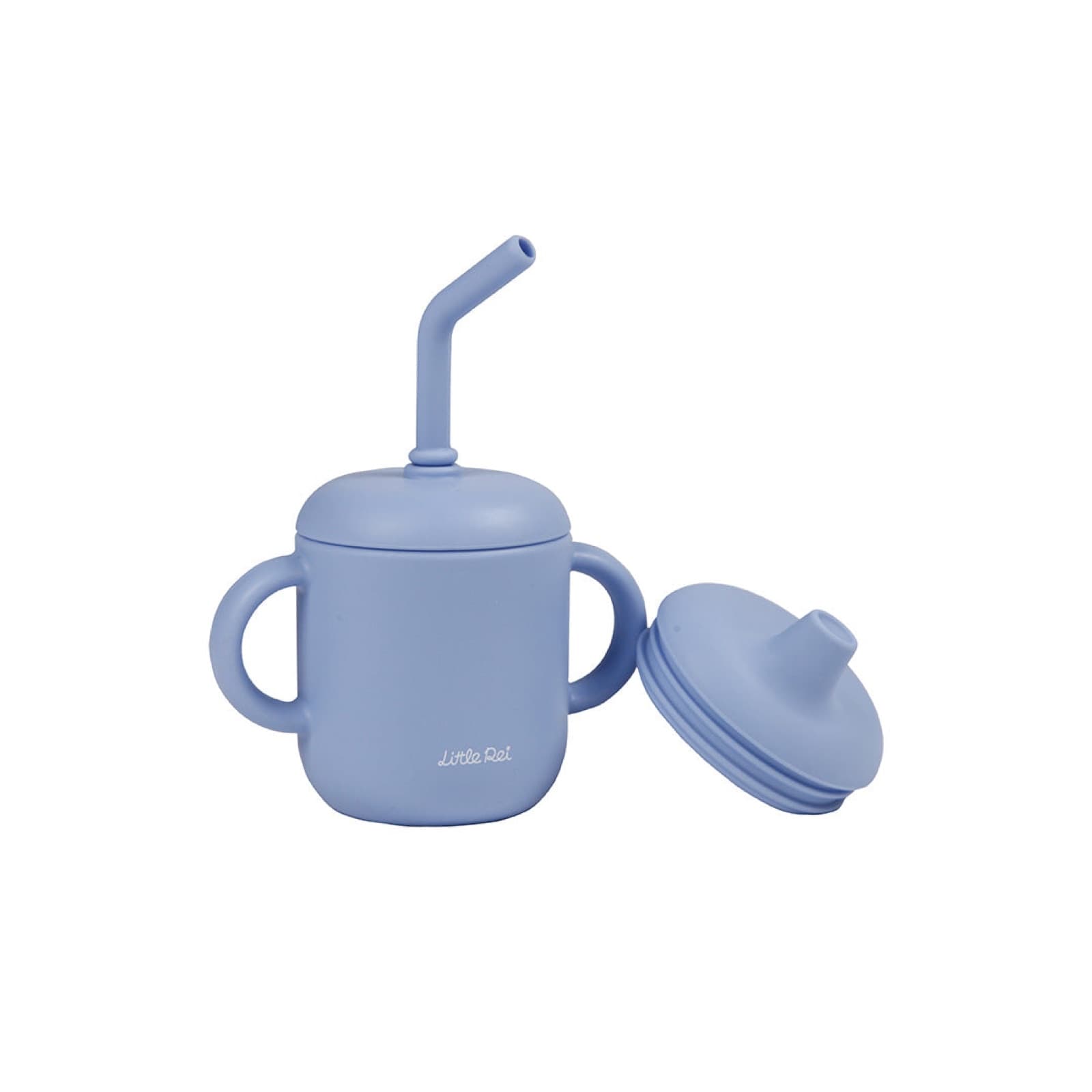 A pale blue Little Rei silicone cup with handles, shown with its straw lid fitted and sippy lid beside it