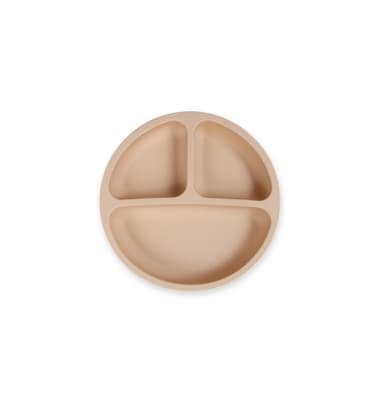 A Little Rei silicone round suction plate in a soft neutral colour