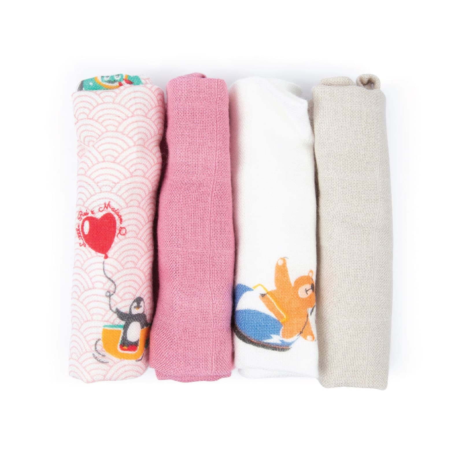 Four rolled bamboo muslin wash cloths in penguin, pink, bear and sand designs