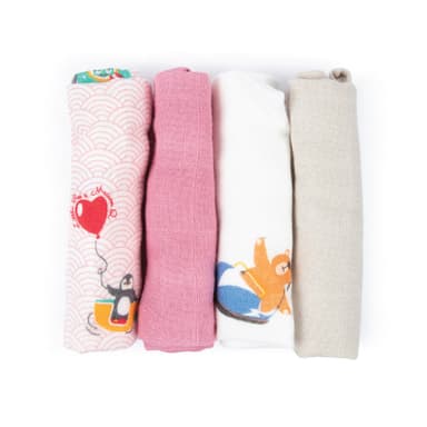 Four rolled bamboo muslin wash cloths in penguin, pink, bear and sand designs
