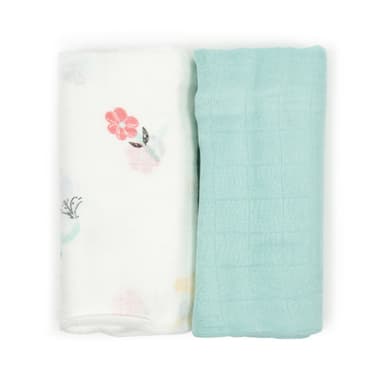 Two rolled bamboo muslin swaddles side by side, one floral print and one plain mint green