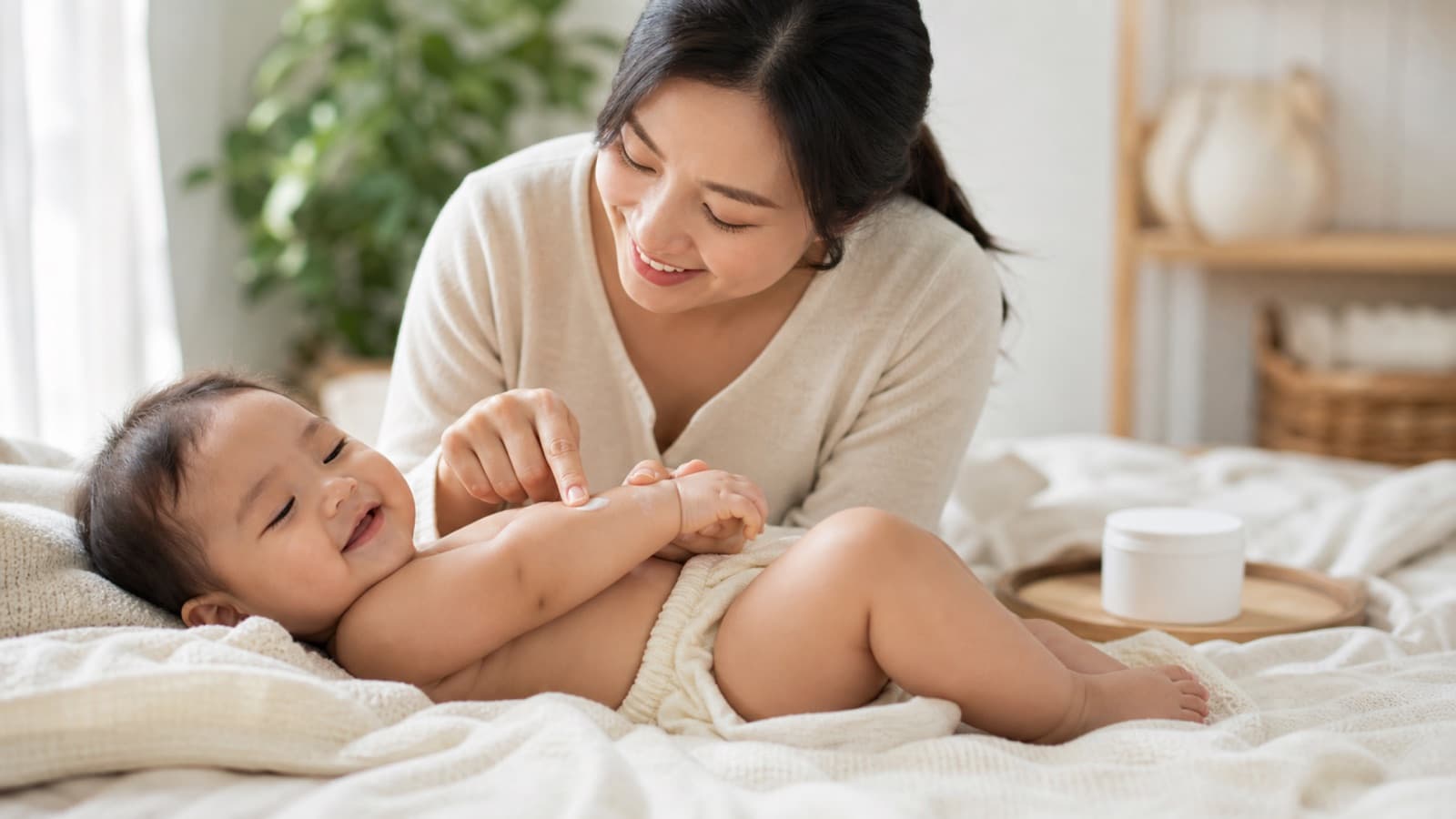 A mother smoothing cream onto a laughing baby's forearm on a bed, a pot of emollient on a wooden tray beside them