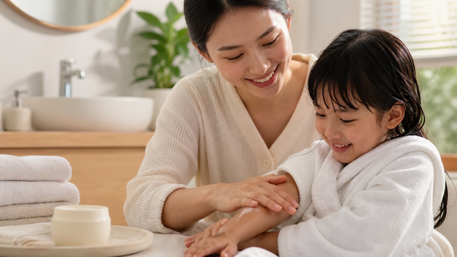 A mother applying moisturiser to her young daughter's arm in a bathroom after a bath, folded towels and a pot of cream on the counter