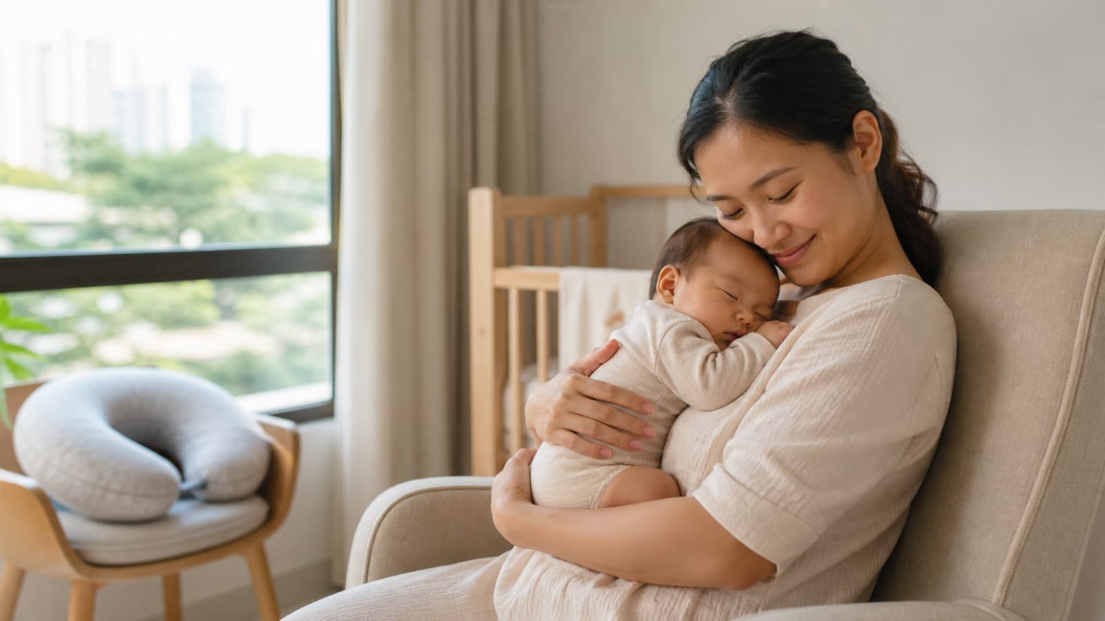 A mother resting back in a nursing chair with her baby asleep upright against her chest, a feeding pillow on the chair beside her and a cot behind