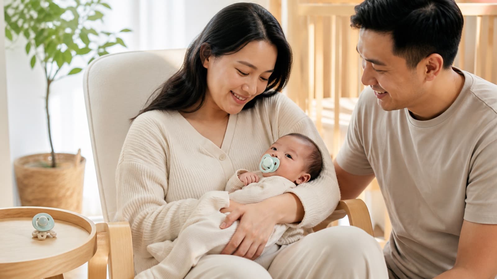 A mother in a nursing chair holding a swaddled baby settled with a dummy, the father crouched beside them, a spare dummy on a side table