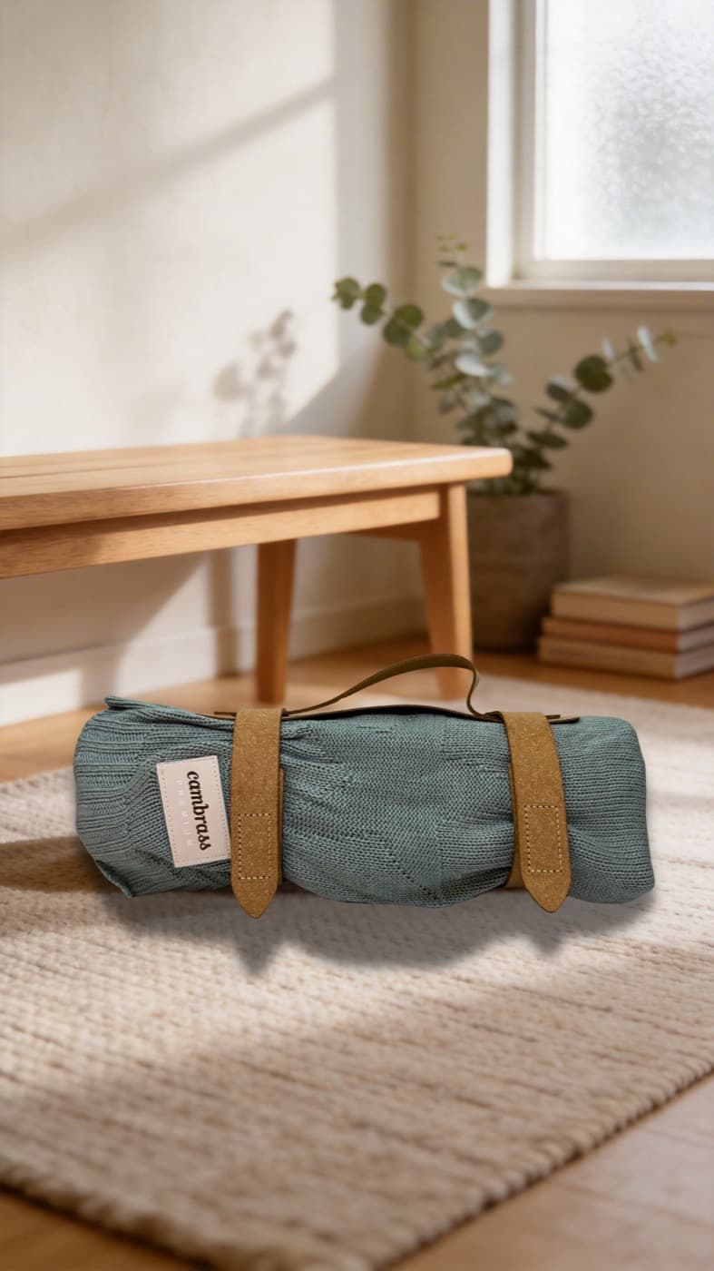 A Little Rei blanket rolled and strapped, packed ready to go by the door
