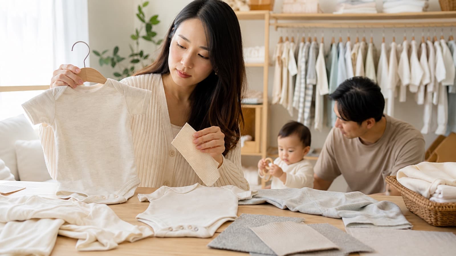 A mother comparing fabric swatches against a plain baby bodysuit on a hanger, with folded bodysuits laid out and a rail of baby clothes behind
