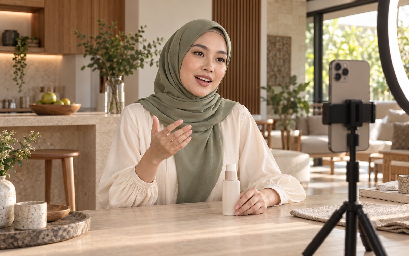 A woman filming a product review to camera at a kitchen counter with a ring light and tripod