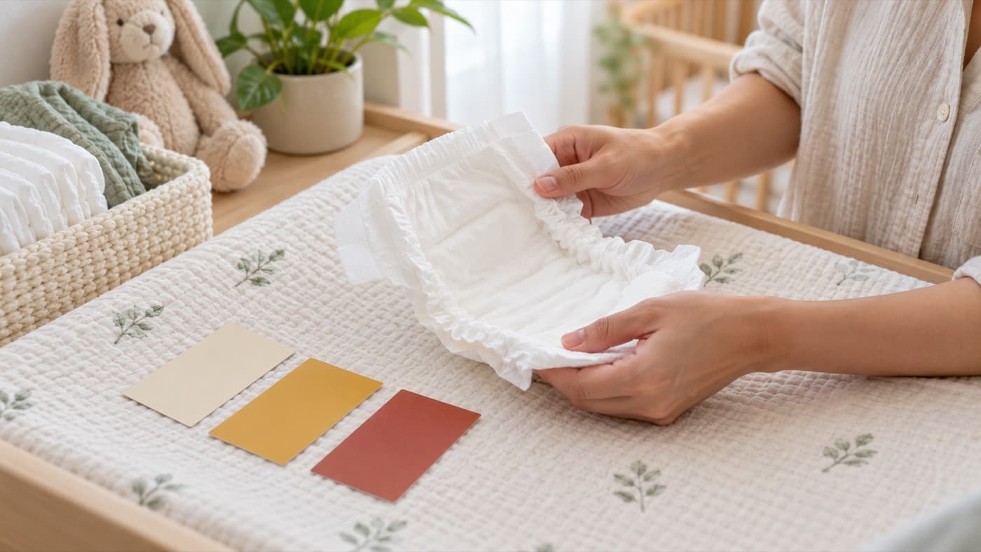 A parent's hands opening a clean diaper on a changing table beside cream, mustard and brick-red colour cards
