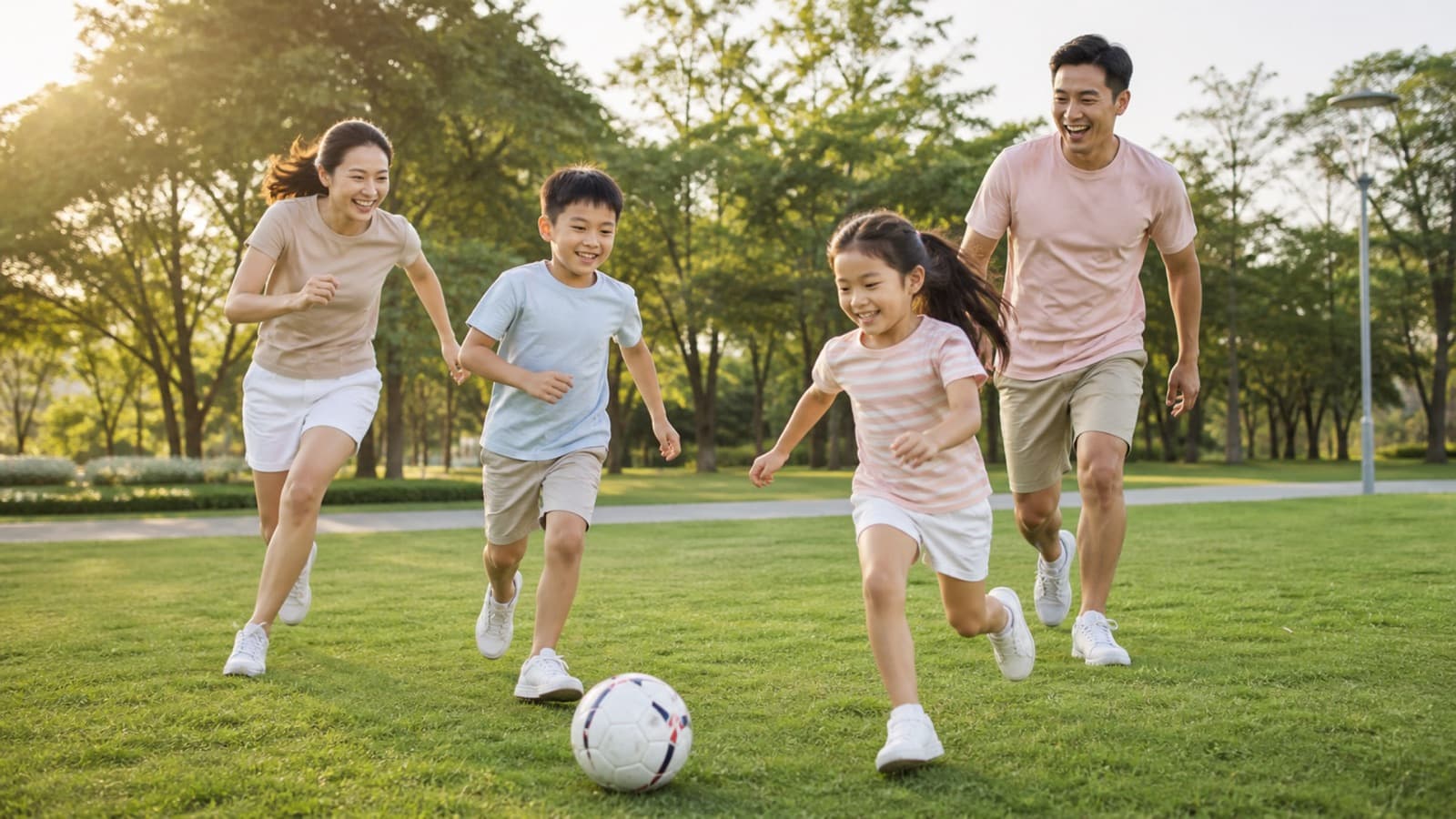 Two parents and two children running after a football together on grass in a park at golden hour