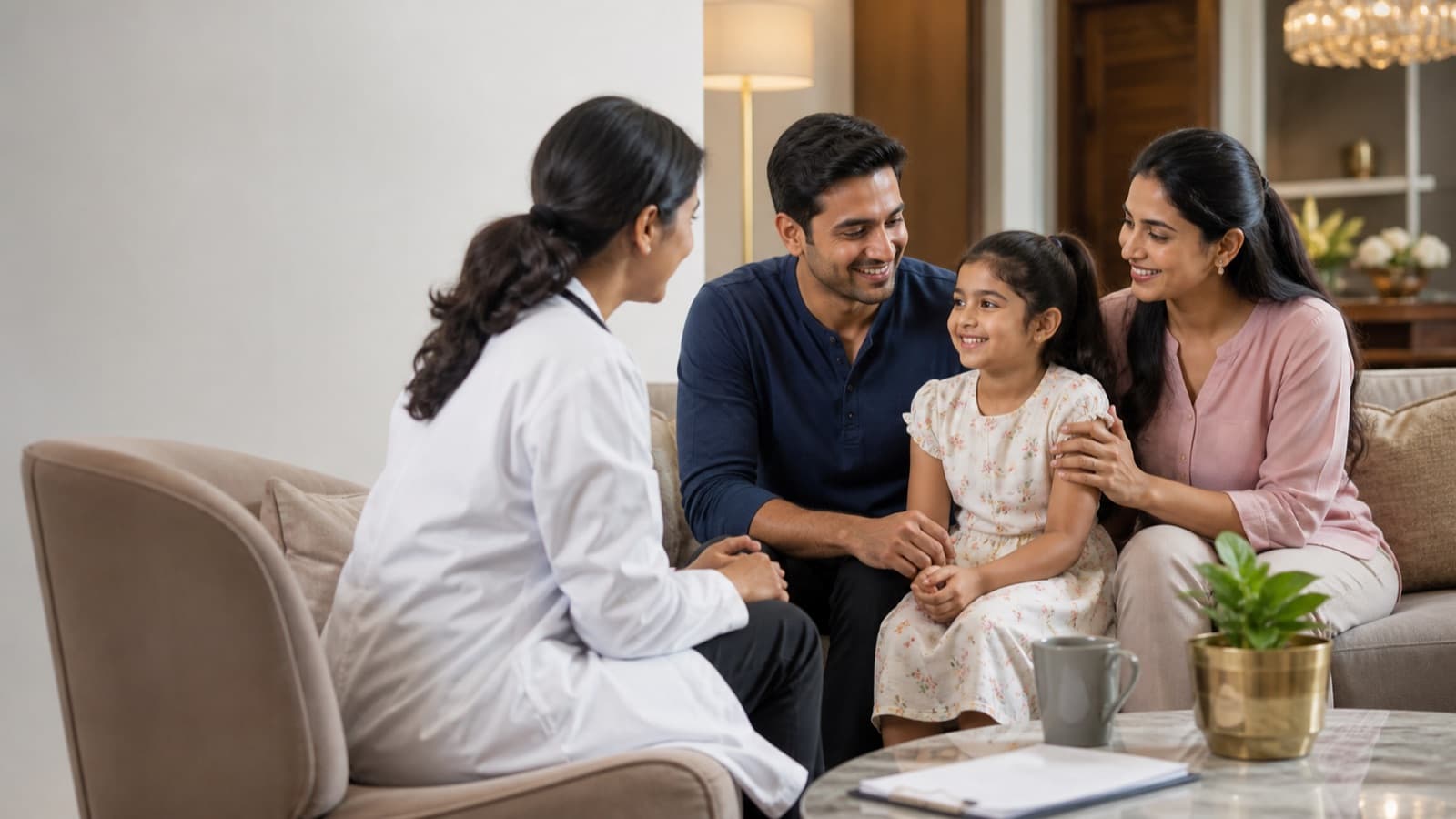 A doctor in a white coat sitting and talking with two parents and their young daughter on a sofa at home