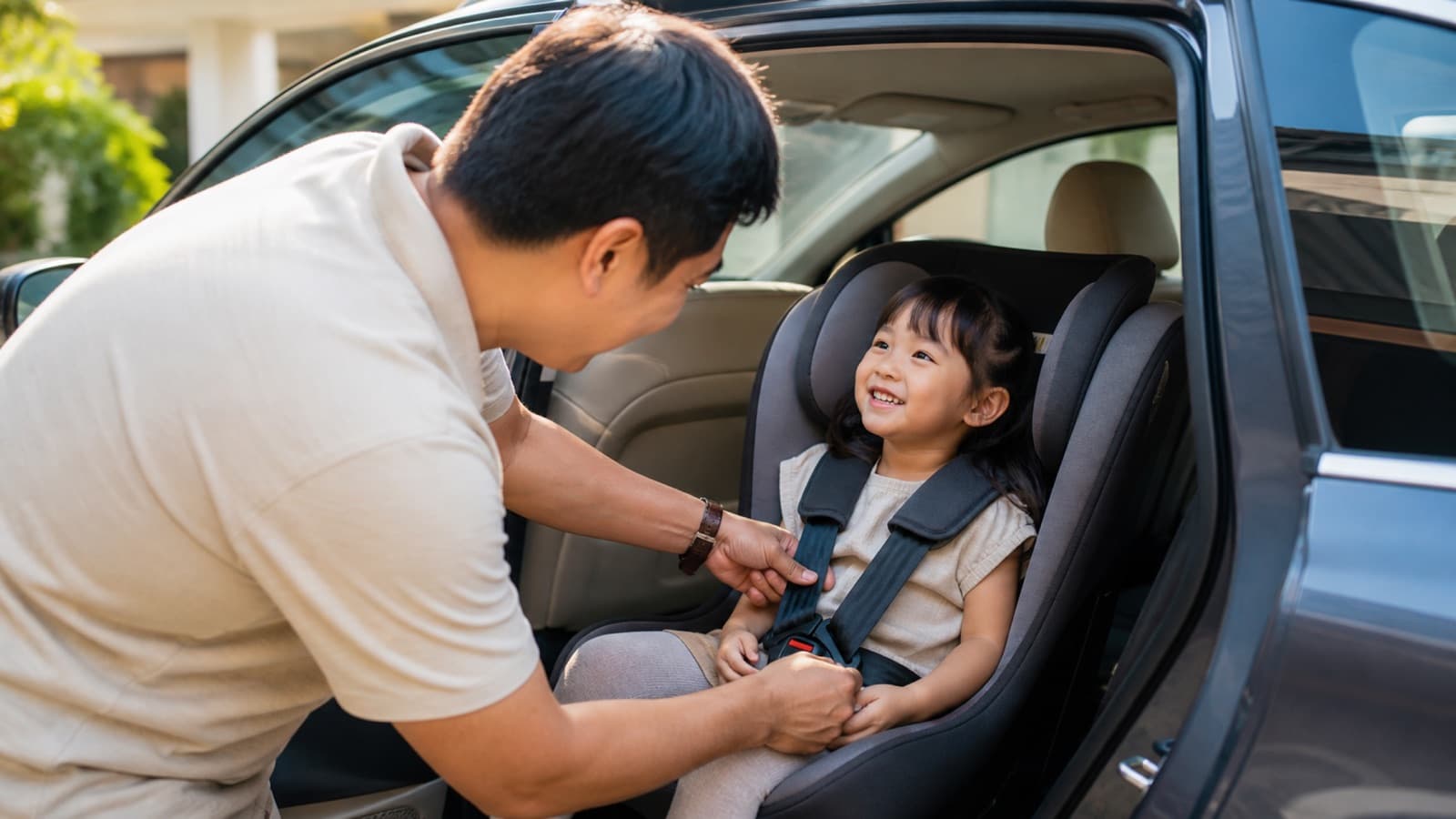 A father leaning into a car to fasten the harness on his daughter's car seat while she smiles up at him