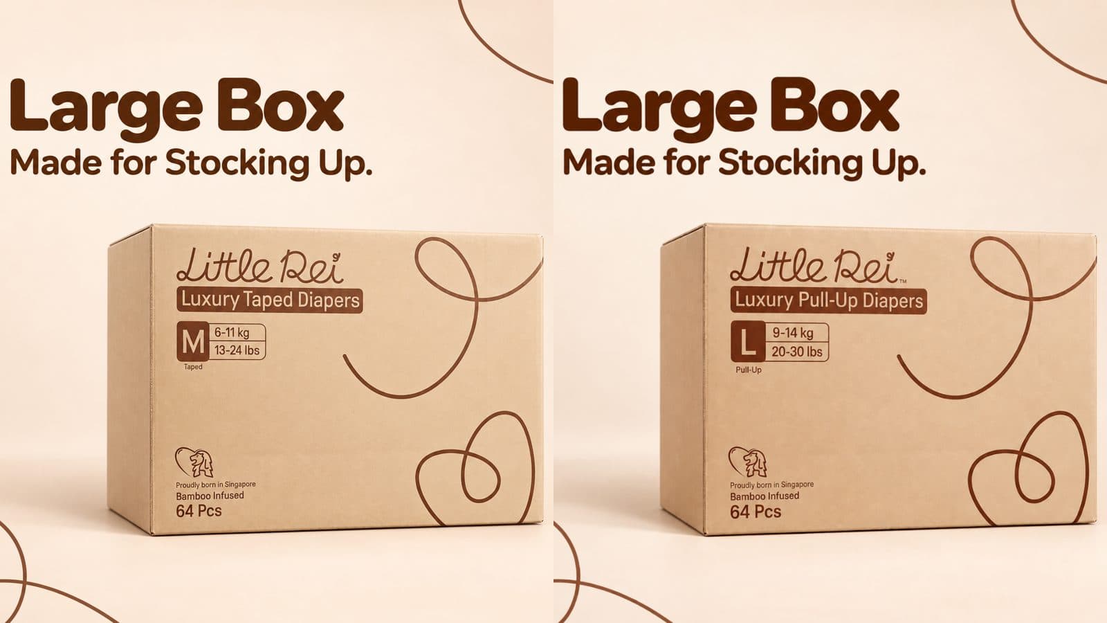 The Little Rei tape and pull-up diaper large boxes side by side
