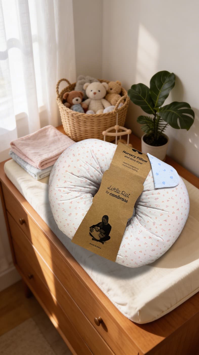 A Little Rei nursing pillow with its kraft band resting on a wooden dresser