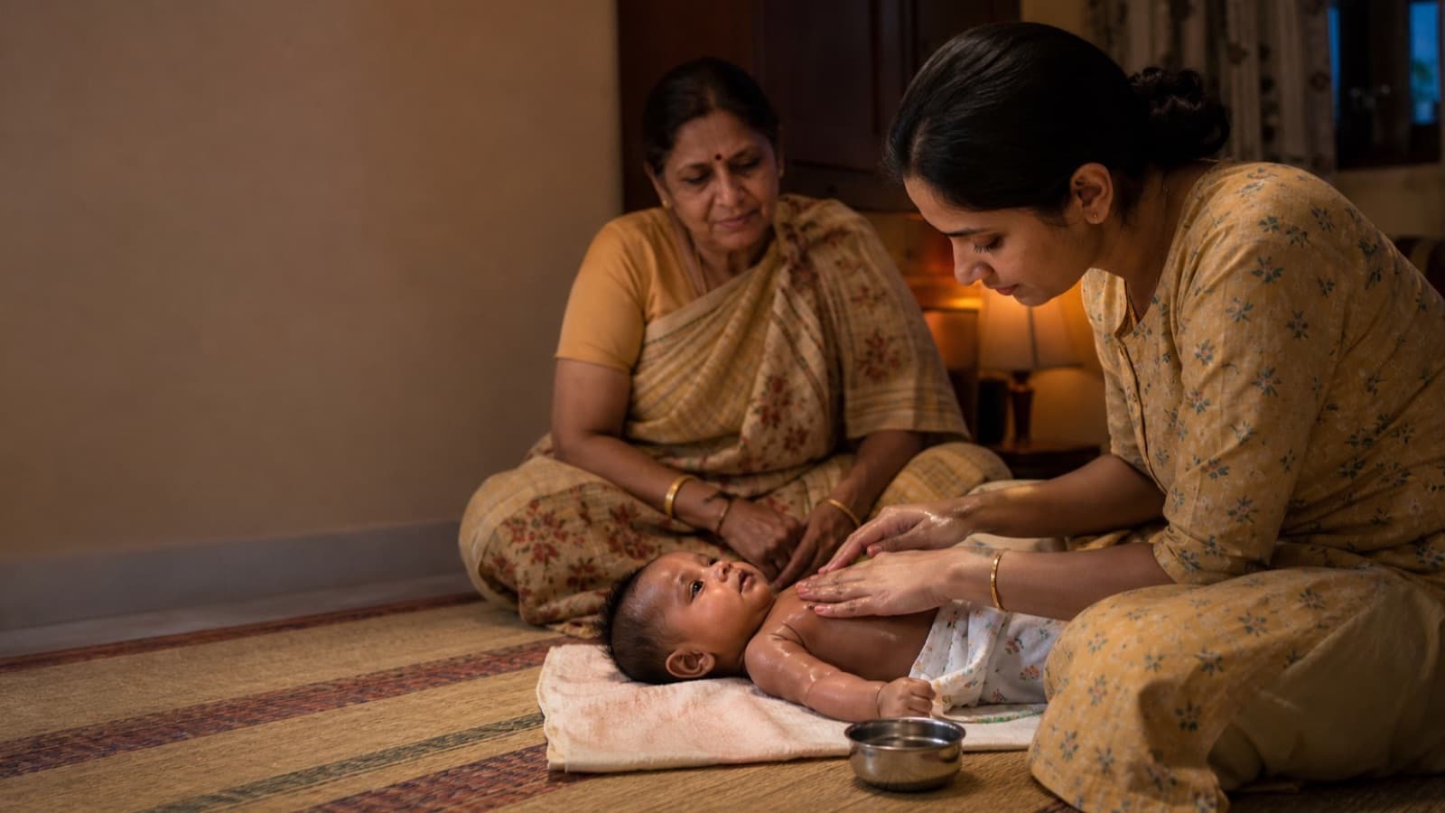 A mother oil-massaging her baby's tummy on a towel on the floor while the grandmother sits watching in lamplight
