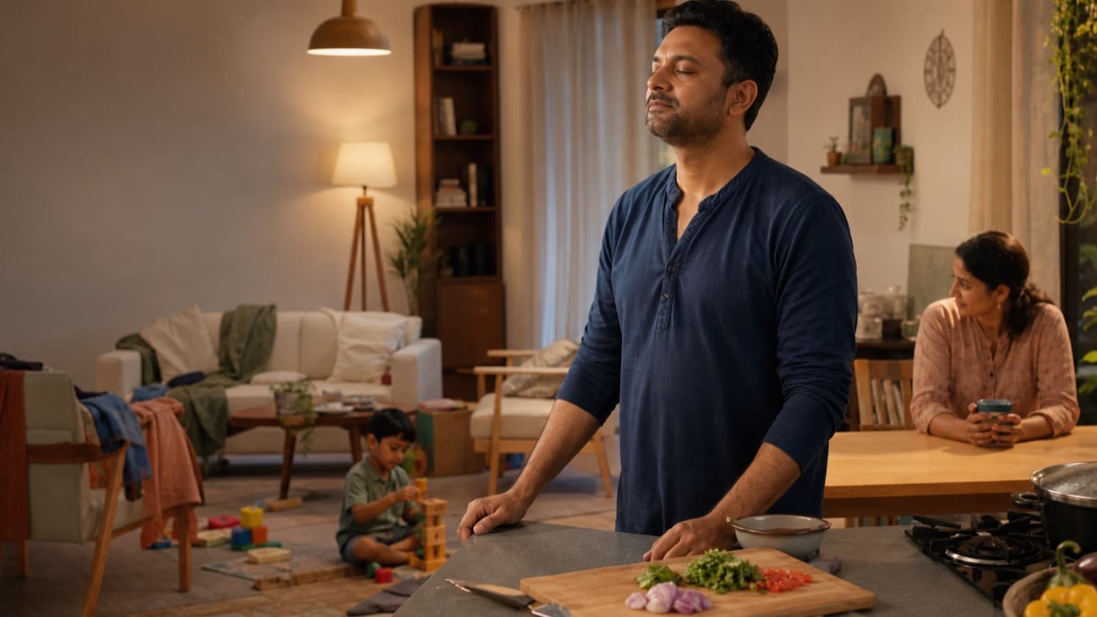 A father standing at a kitchen counter with his eyes closed taking a breath, chopped vegetables in front of him, a toddler playing among scattered toys behind and his partner watching from the table