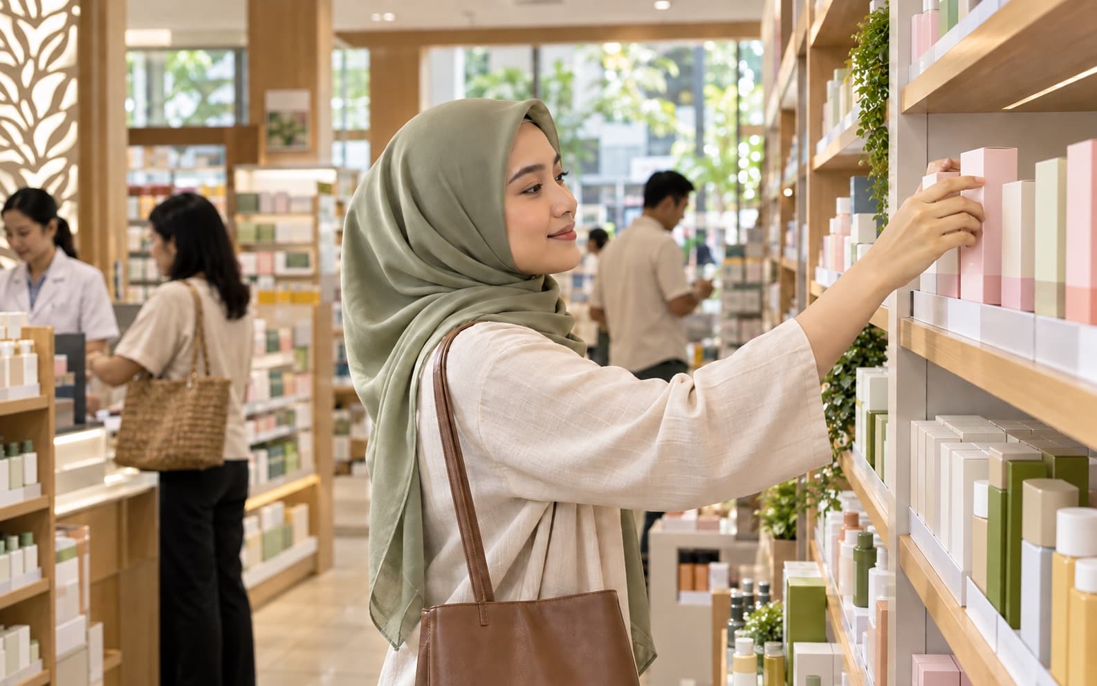 A woman choosing a product from a pharmacy skincare shelf in Singapore
