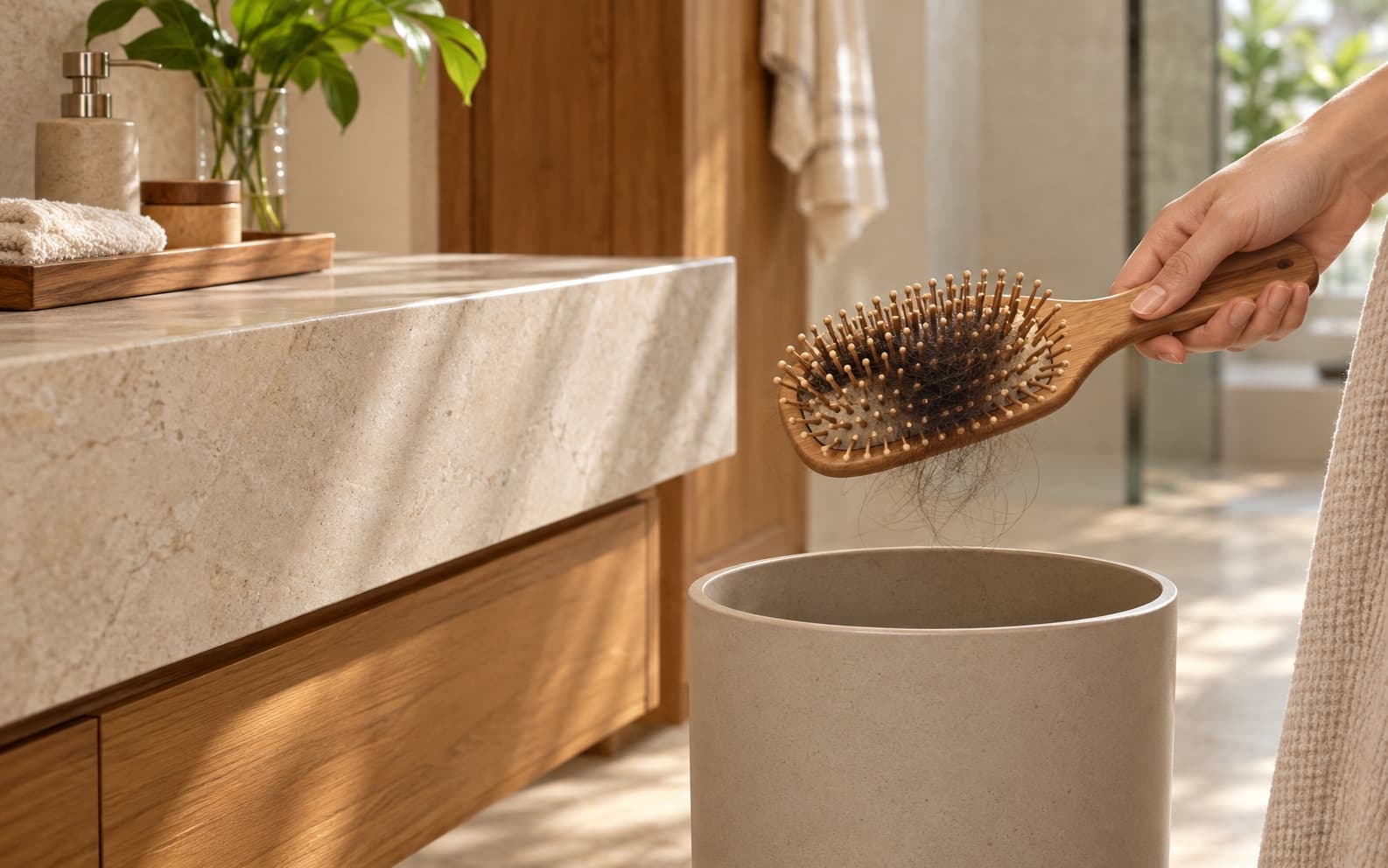 A hand tapping shed hair from a wooden hairbrush into a bathroom bin