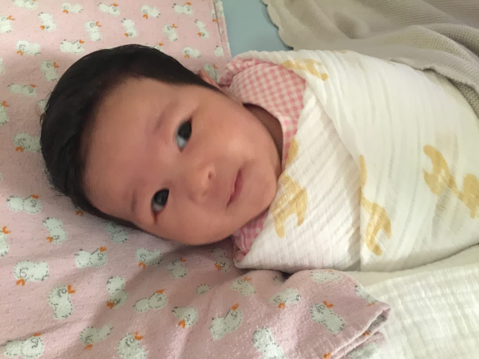 Newborn Shan awake and settled, wrapped firmly in a thin printed cotton muslin