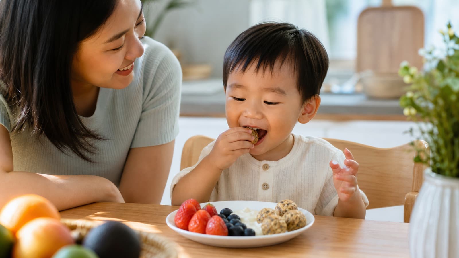 A toddler biting into an oat ball at a kitchen table beside a plate of strawberries, blueberries and yoghurt while his mother watches