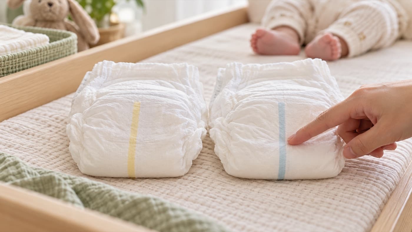 Two clean diapers side by side on a changing mat, one with a yellow line and one with a blue line, a finger pointing at the blue