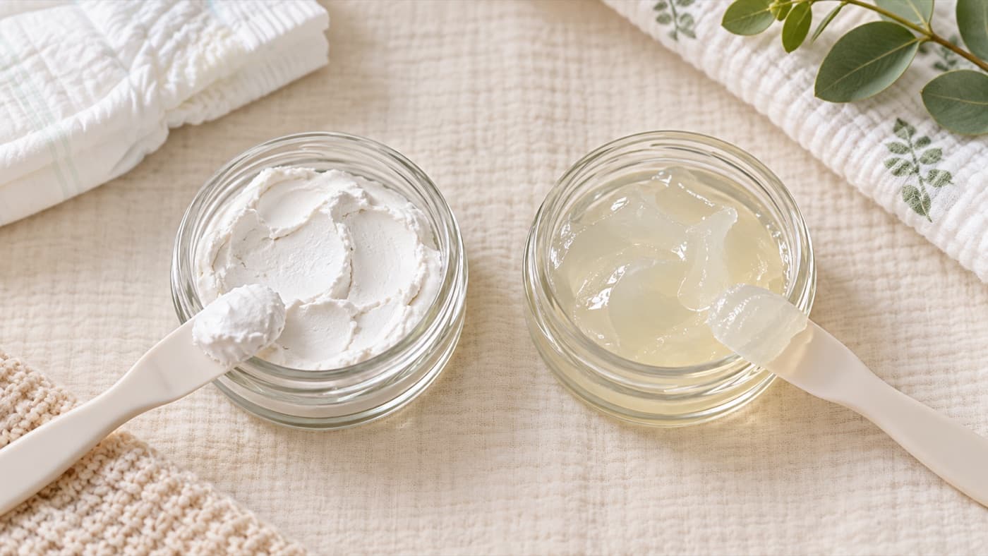 Two glass jars side by side, a thick white cream and a clear jelly, each with a small spatula, on a muslin cloth