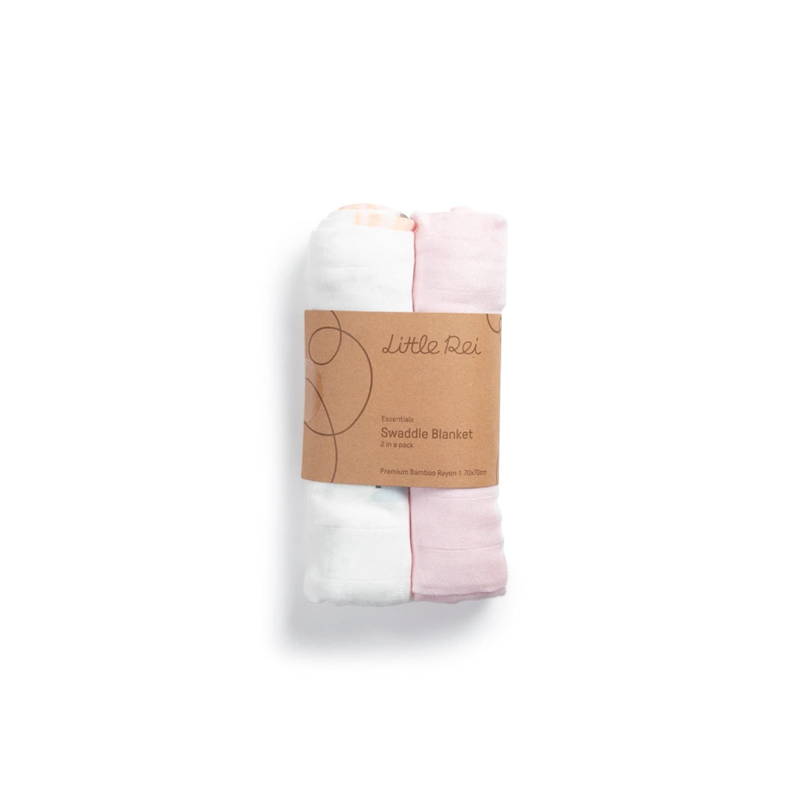A two-pack of 70cm bamboo muslin swaddles rolled together in a kraft paper band, one pink and one printed white