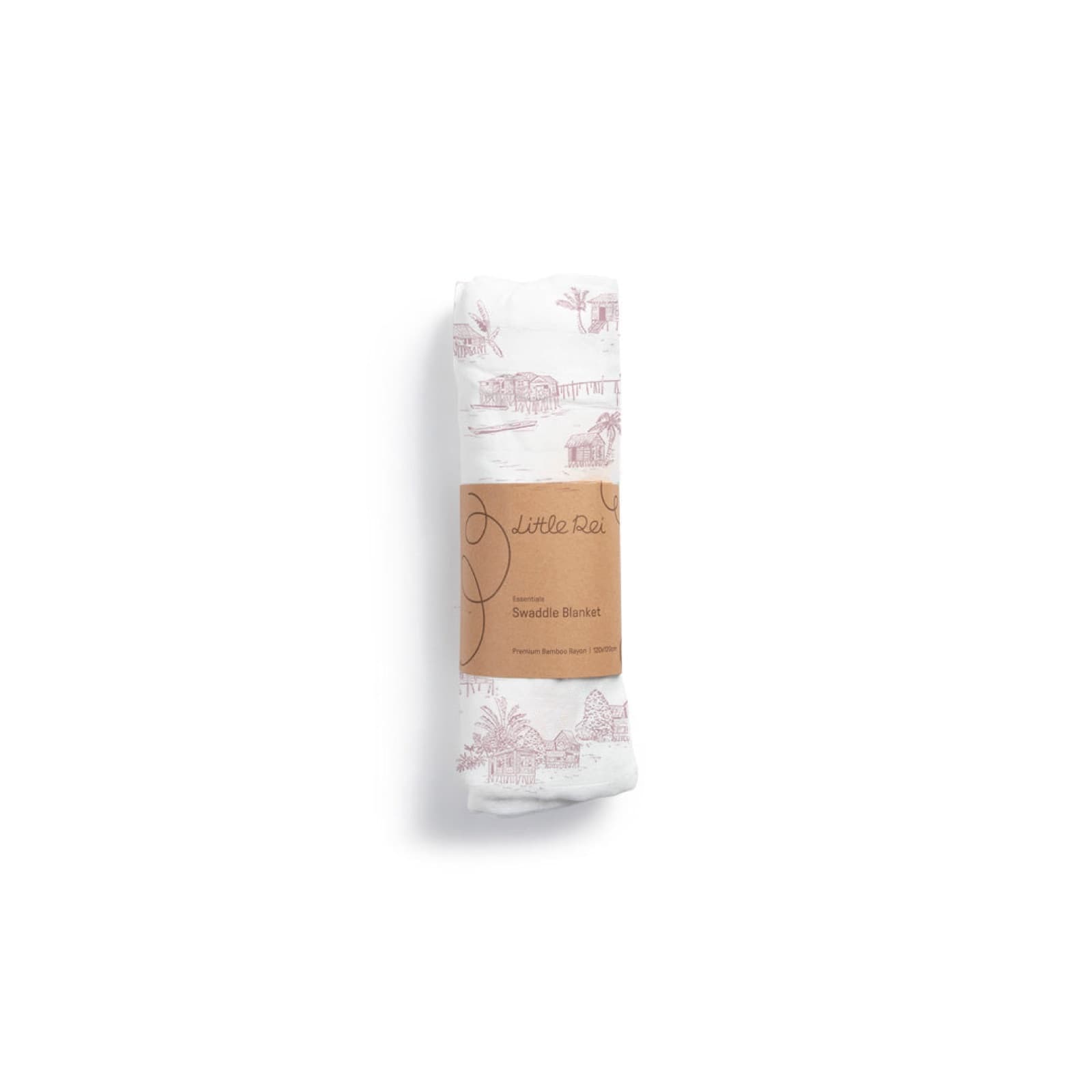 A single bamboo muslin swaddle rolled in a kraft band, printed with dusty pink kampong houses