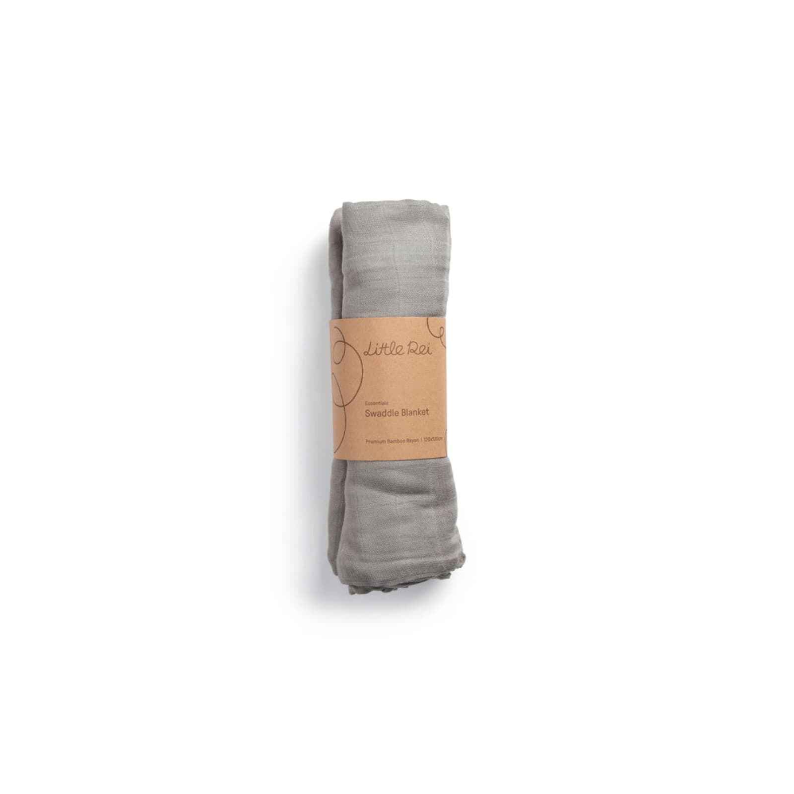 A grey bamboo muslin swaddle rolled and banded in kraft paper