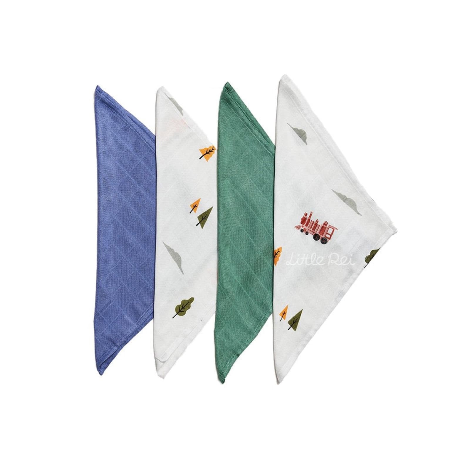 Four bamboo muslin wash cloths fanned out — blue, train print, green and forest print