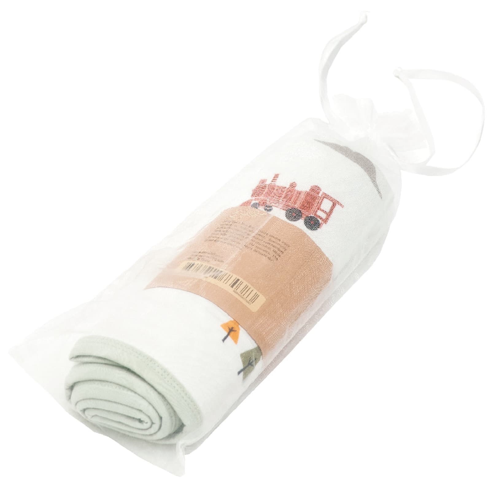 A bamboo blanket rolled inside a sheer organza gift bag, train print visible through the fabric