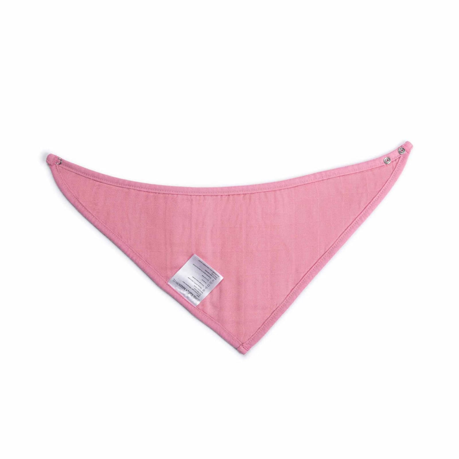 A pink bamboo muslin bandana bib laid flat, showing its press-stud fastening