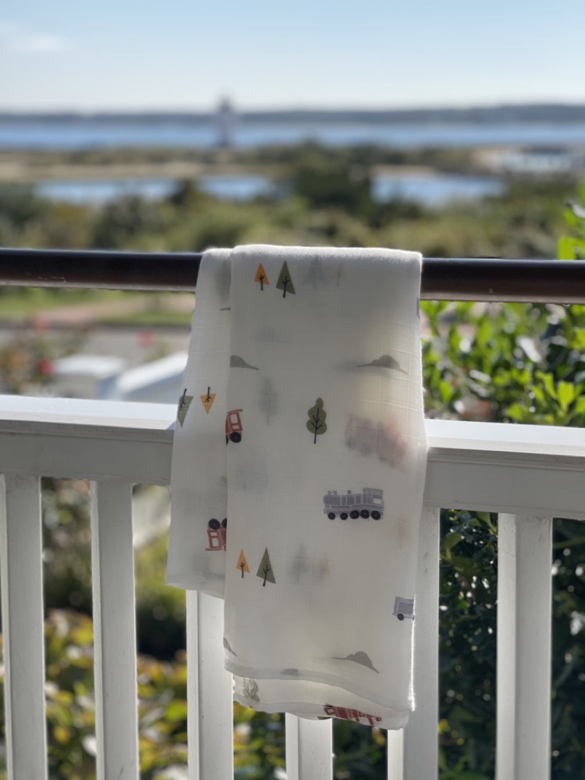 Little Rei swaddle hanging in a nursery window with a star toy